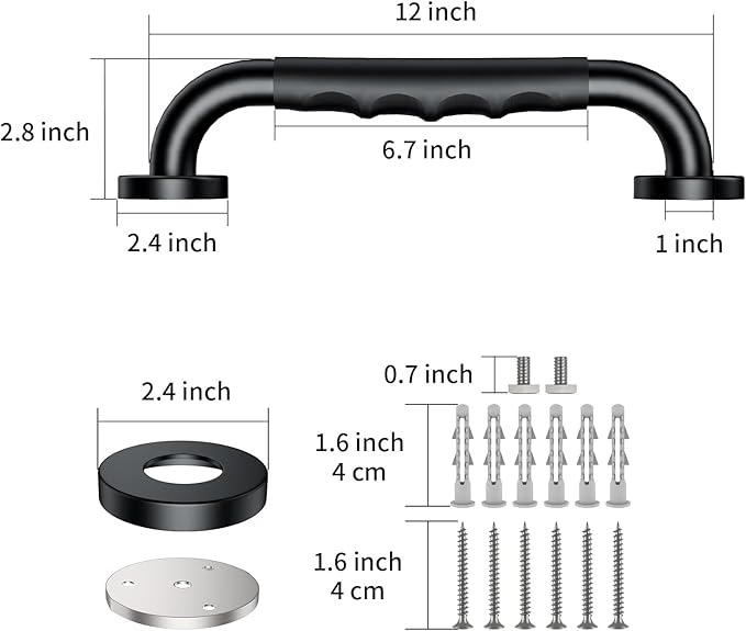 12 Inch Black Shower Grab Bar w/Anti Slip Rubber Grip, ZUEXT Stainless Steel Bath Grab Bar, Bathroom Balance Bar, Wall Mount Safety Handrail Support, Handicap Injury Elderly Senior Assist Handle