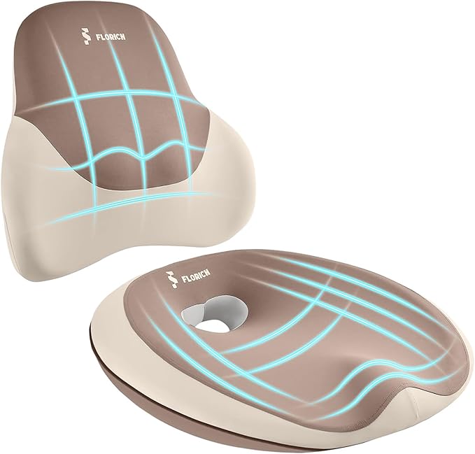 FLORICH Seat Cushion and Lumbar Support Pillow for Office Chair Car Neck Headrest Pillow Memory Foam Seat Pads Pressure Relief Back Cushion and Carseat Pads(Brown)