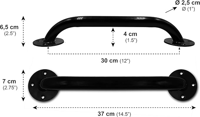 PEPE Mobility Grab Bars for Bathtubs and Showers 12 Inch (x2 Units) Shower Handle Toilet Handicap Elderly Senior Assist Bathroom Saft Handle Epoxy Steel, Black