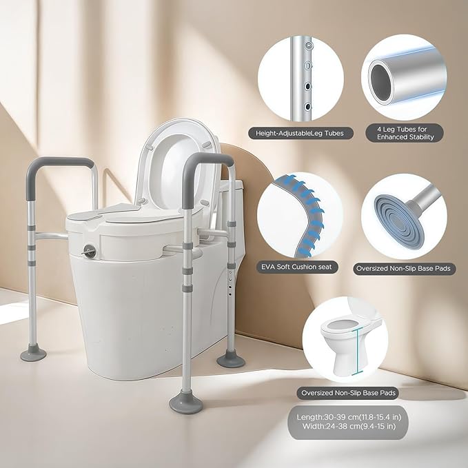 Raised Toilet Seat with Handles– 4-Legged Adjustable Toilet Riser for Seniors, Thickened Aluminum Alloy Frame, Non-Slip Safety Rails, Enhanced Stability (Grey & White)