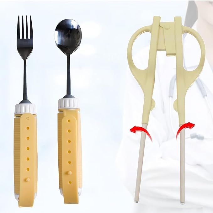 Auxiliary Tableware,Feeding Tableware,Elderly Tableware,Anti-Shake Tableware,Spoon,Fork, Fork and Spoon,Three-piece Set, Yellow Handle Belt.