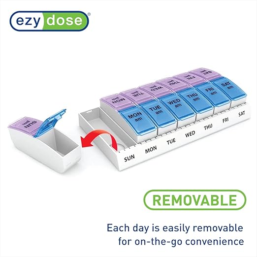 EZY DOSE Weekly, AM/PM Daily Pill Organizer, 7-Day Medicine Planner, Vitamin Container, Small Pop-Out Compartments, 2 Times a Day Pill Holder, Blue and Purple Lids, Travel-Friendly, BPA Free
