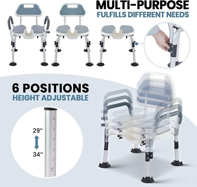 Medwarm Shower Chair, U Shape Shower Chair with 6-Level Adjustable, Non-Slip Feet for Private Washing, Elderly, Disabled, Seniors & Pregnant，Heavy Duty Shower Chair