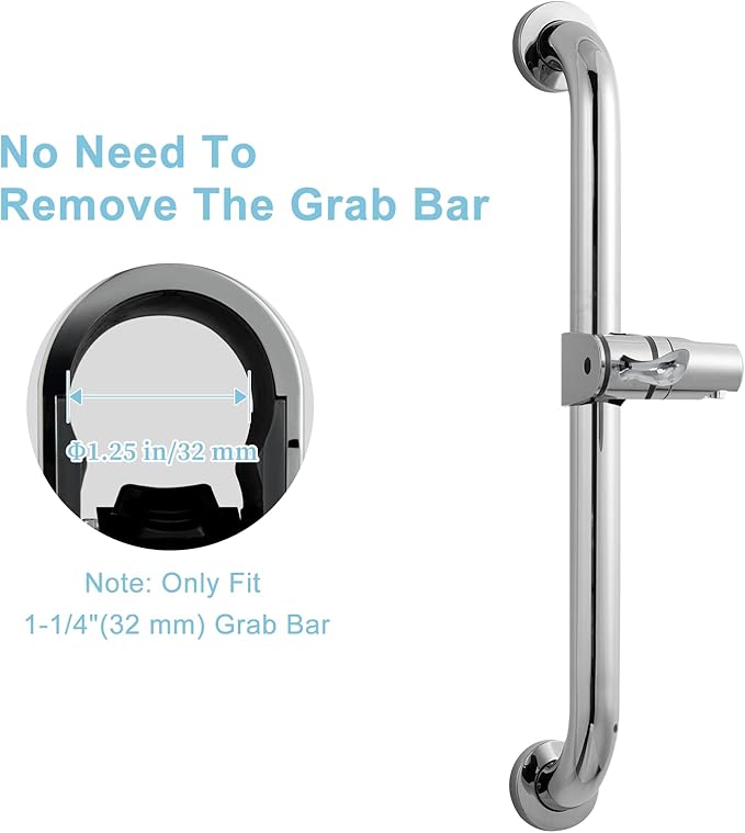 OFFO ADA Handshower Shower Grab Bar Head Holder, Universal Fit 1.25''(32mm) Hand Held Shower Bracket for Handicap Grab Bar, Detachable Bathroom Replacement, 360 Degree Rotation Sprayer Holder, Chrome