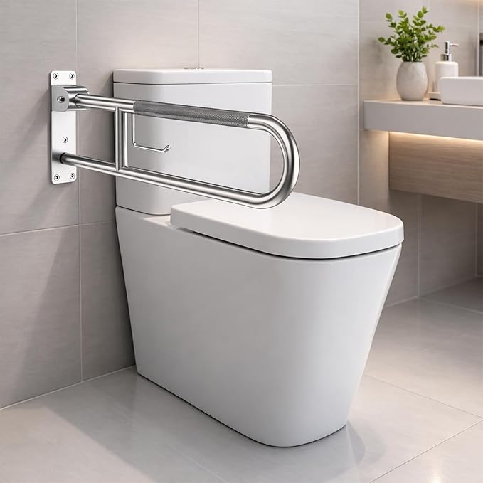 23.6" Flip-Up Toilet Grab Bar with Paper Holder,304 Stainless Steel Bathroom Safety Rail, Anti-Slip Folding Handicap Grab Bar for Seniors, Elderly & Disabled, Wall Mounted Support Handrail