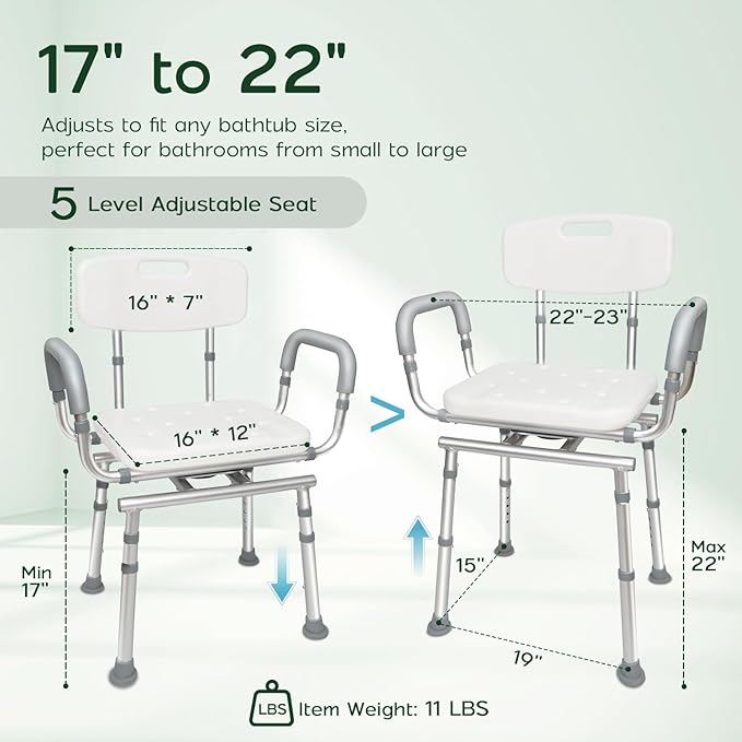 Swivel Shower Chair with Arms and Back, 450lbs Heavy Duty Shower Chair for Elderly and Disabled, Handicap Shower Chairs for Inside Shower Stool & Bath Tub Seat for Adults