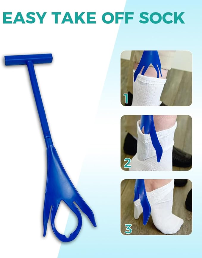 Sock Aids for Putting On Socks with Shoe Horn and Button Hook, Easy On Off Helper for Seniors and Disabled, No Bending Required (Basic)