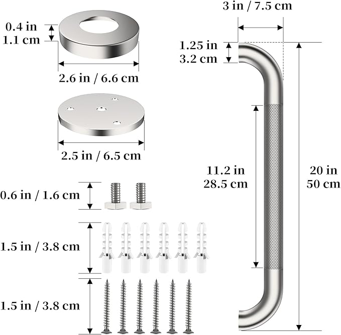 Shower Grab Bar 20 Inch, iHansee Brushed Nickel Bathroom Grab Bar w/Anti-Slip Knurled Grip, Stainless Steel Bath Safety Bars Support Handrail for Senior Elderly, Toilet Bathtub Balance Handle for Wall