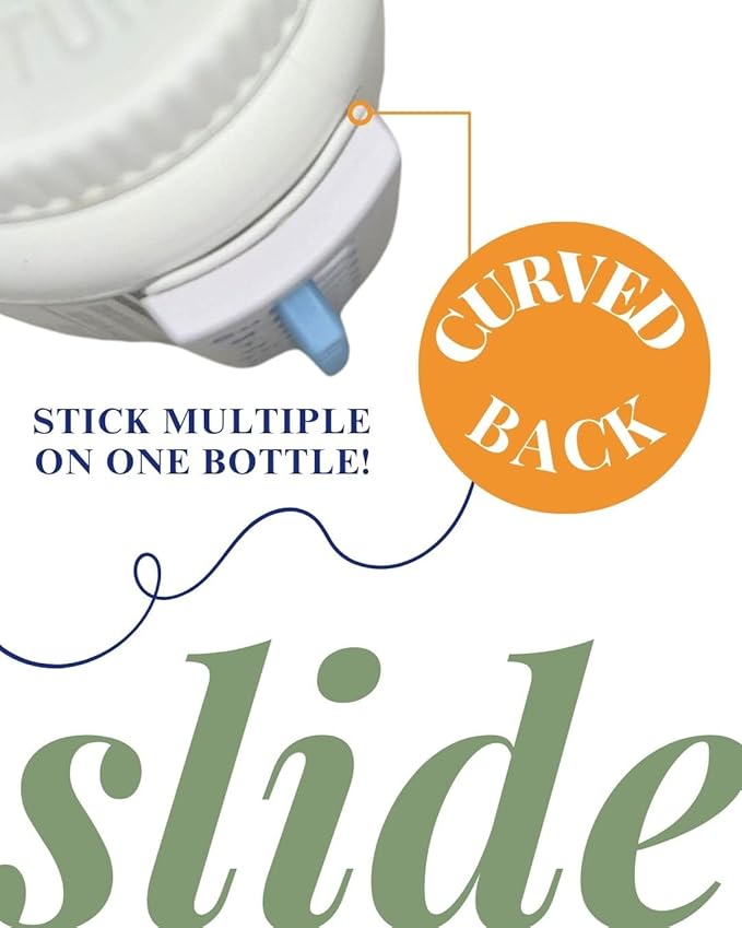 TAKE-N-SLIDE Peel and Stick Reusable for 12 + Refills, Pill/Medication/Vitamin/Pet Med Tracker & Reminder, Attach to Your Bottle, Organizer-Free, Curved‑Back (Blue, 5-Pack)