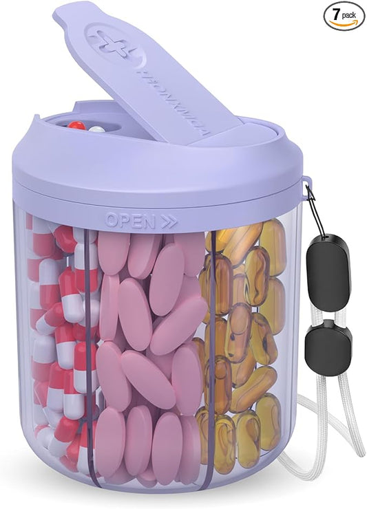HIONXMGA Pill Organizer with 7 Large Compartments, Pill Dispenser for Travel, Supplement Organizer with Anti-Mixing Design, BPA-Free Pill Container with 20 Pcs Labels, Purple
