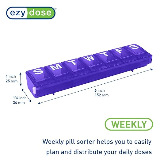 EZY DOSE Weekly (7-Day) Pill Planner, Medicine Case, Vitamin Organizer Box, Large Locking Compartments to Secure Prescription Medication and Prevent Accidental Spilling, Purple