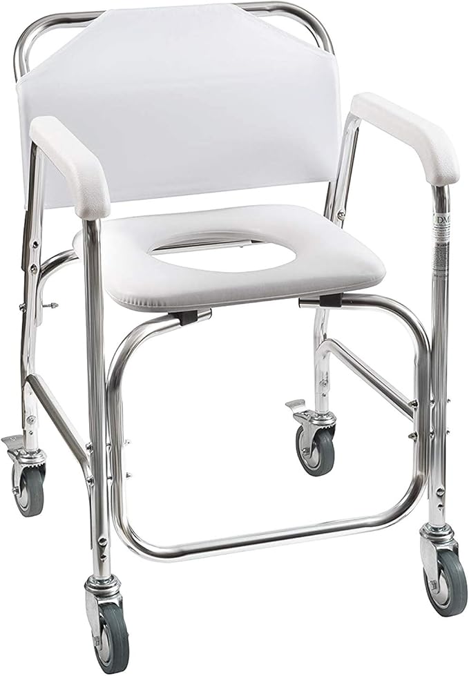 DMI Rolling Shower Chair, Commode, Transport Chair, FSA Eligible, Rolling Bathroom Wheelchair for Handicap, Elderly, Injured or Disabled, 250 Lb. Weight Capacity, Aluminum Frame, White