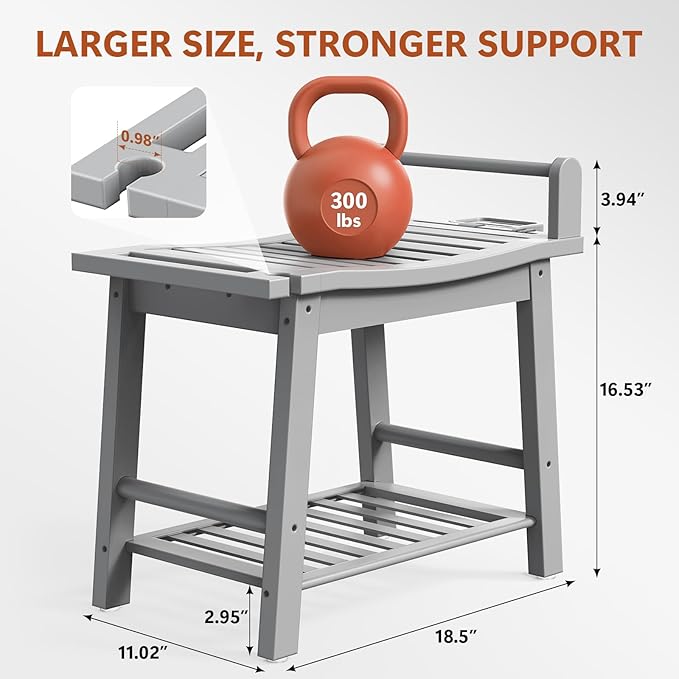 Bamboo Shower Benches for Inside Shower to Sit on, 2-Tier Shower Stool Waterproof with Arm, Heavy Duty Bathroom Bench with Storage Shelf and Shower Header Holder for Seniors, Disabled, Women, Gray