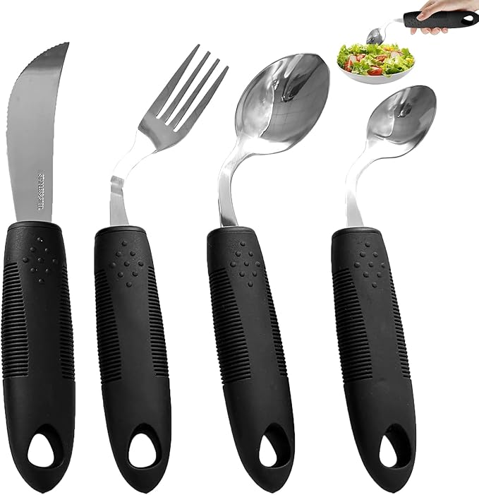 4Pcs Weighted Adaptive Utensils, 45°Angled Built up Utensils Set for Hand Tremors, 3.5oz Parkinsons Utensils for Elderly, Weighted Spoon Hand Tremors, Parkinson & Disabled Care Gift Pick (Left-Handed)
