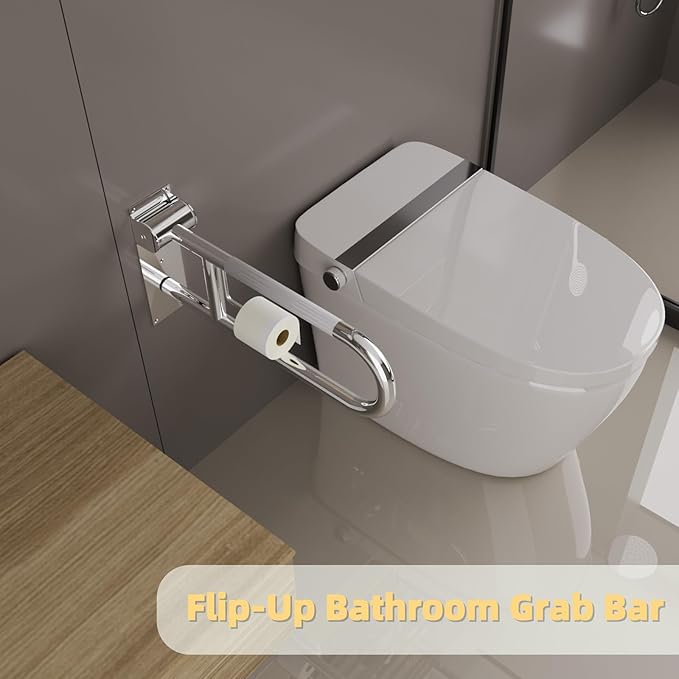 23 Inch Toilet Grab Bar, Flip Up Grab Bar with Paper Holder, Anti-Slip Safety Bars for Toilet, Stainless Steel Knurled Toilet Handles for Seniors Disabled Elderly Pregnant, Polished Chrome