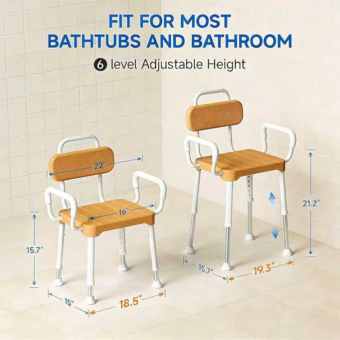 Shower Chair for Bathtub, Adjustable Height 15.7"–21.2" Bath Stool with Removable Backrest and Arms, Rust-Resistant Aluminum Frame, Non-Slip Rubber Feet, Supports 350 lbs， Brown