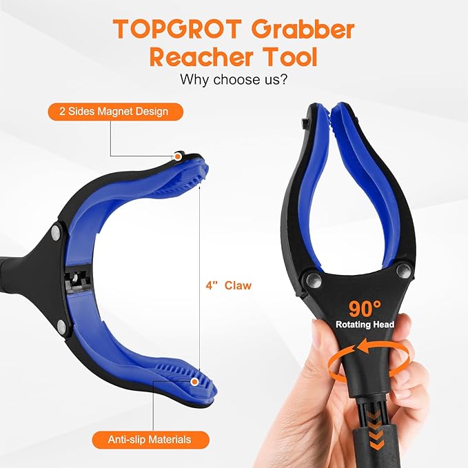 2-Pack Grabber Reacher Tool, 34" Foldable Reacher Grabber Pickup Tool with 360° Anti-Slip Rotating Jaw & Magnets, 4" Wide Claw Opening Reachers for Seniors, Trash Picker Tool