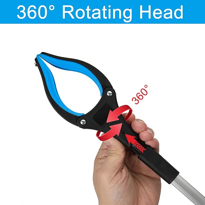 4 Pack Reacher Grabber Set: 32" Foldable Pick Up Tool with Magnet (Blue/Yellow), 16" Stainless Steel & 12" Mini Iron Grabber, 360° Rotating Head Trash Picker for Seniors & Garden
