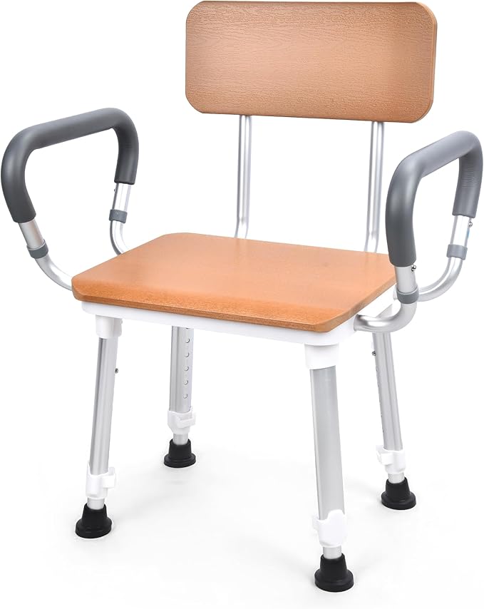Sangohe Shower Chair for Inside Shower, Heavy Duty Shower Seat for Elderly and Disabled, 400 lbs, Wooden Seat Board and Back, Height Adjustable, 796D-A