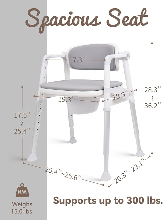 3-in-1 Bedside Commode Shower Chair with Liftable Arm Anti-Splash Bucket Extra-Wide Padded Adjustable Raised Toilet Seat for Seniors up to 300 lbs. Potty Chair for Toilet (Grey)
