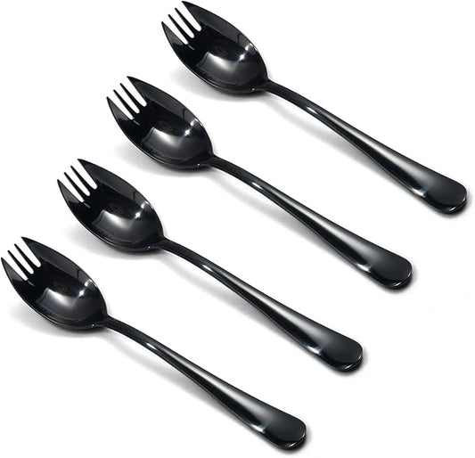 Alata Black Mirror Sporks 4-Pack Set Stainless Steel Sporks, 7.4 Inches Long Handle Salad Forks For Dessert, Ice Cream, Salad, Soup, Noodle, Spaghetti, Dishwasher Safe
