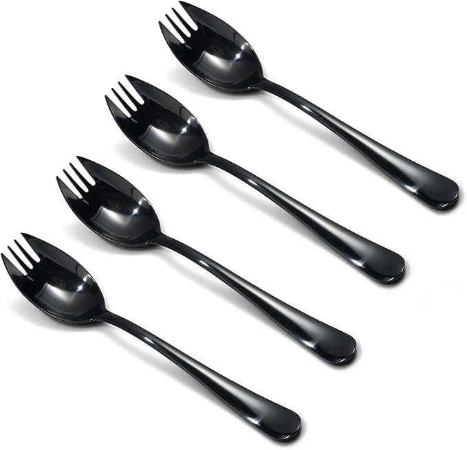 Alata Black Mirror Sporks 8-Pack Set Stainless Steel Sporks, 7.4 Inches Long Handle Salad Forks For Dessert, Ice Cream, Salad, Soup, Noodle, Spaghetti, Dishwasher Safe