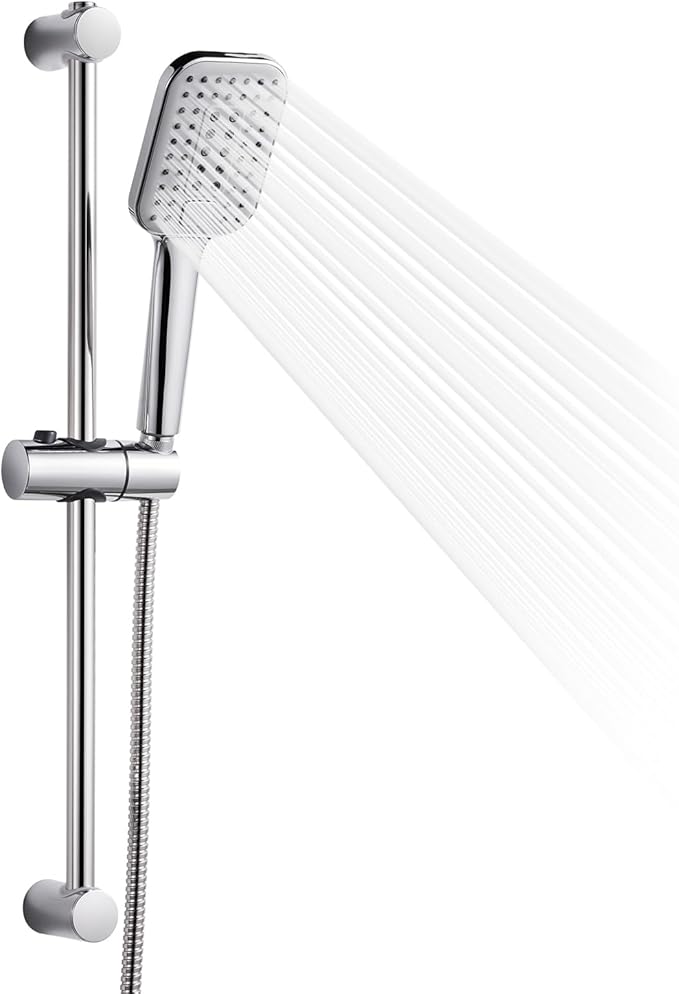OFFO Shower Slide Bar Combo, Adjustable 21 in Slide Bar with 3-Mode Square Handheld Shower Head and 60 in Stainless Steel Hose, Screw Wall Mounted, Chrome Finish