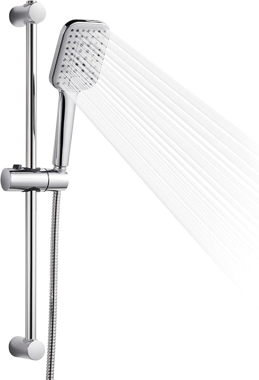 OFFO Shower Slide Bar Combo, Adjustable 21 in Slide Bar with 3-Mode Square Handheld Shower Head and 60 in Stainless Steel Hose, Screw Wall Mounted, Chrome Finish