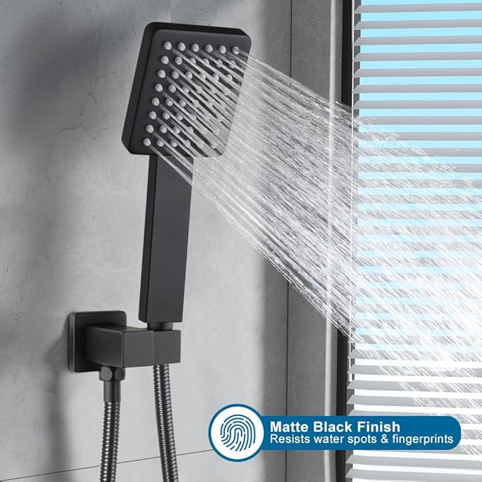 POP SANITARYWARE All Metal Matte Black Handheld Shower Head, Luxury High Pressure Showerhead Kit with Wall Connector and Hose Set, for Bathroom Showering System Contemporary Square Style, Matte Black