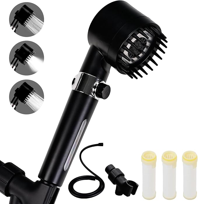 Filtered Shower Head with Handheld, High Pressure Water Flow and 4 Spray Modes, Power Wash for Hard Water, Showerhead Set with 59″ Hose、Bracket、Filters, ON/OFF Switch for Pets Bath (Black)