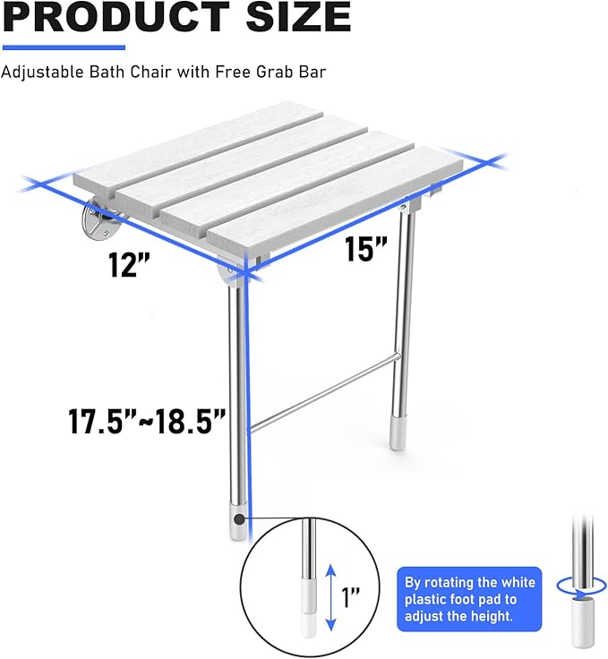 Folding Shower Seat, Wall Mounted Bathroom Safety Stool Chair with Support Legs, Foldable Wall Wood Shower Bench for Seniors (White)