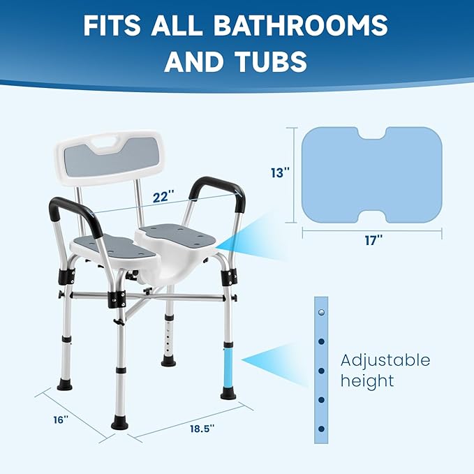 U-Shaped Shower Chair for Inside Shower, 600lbs Heavy Duty Shower Chair for Elderly and Disabled, Shower Chair with Arms and Back, Height Adjustable Bath Chairs for Seniors