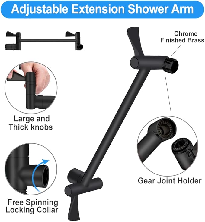 Shower Head, Kaqinu 8'' High Pressure Rainfall Shower Head/Handheld Showerhead Combo with 11” Extension Arm, Anti-leak Shower Head with Holder/Hose, Flow Regulator - Matt Black
