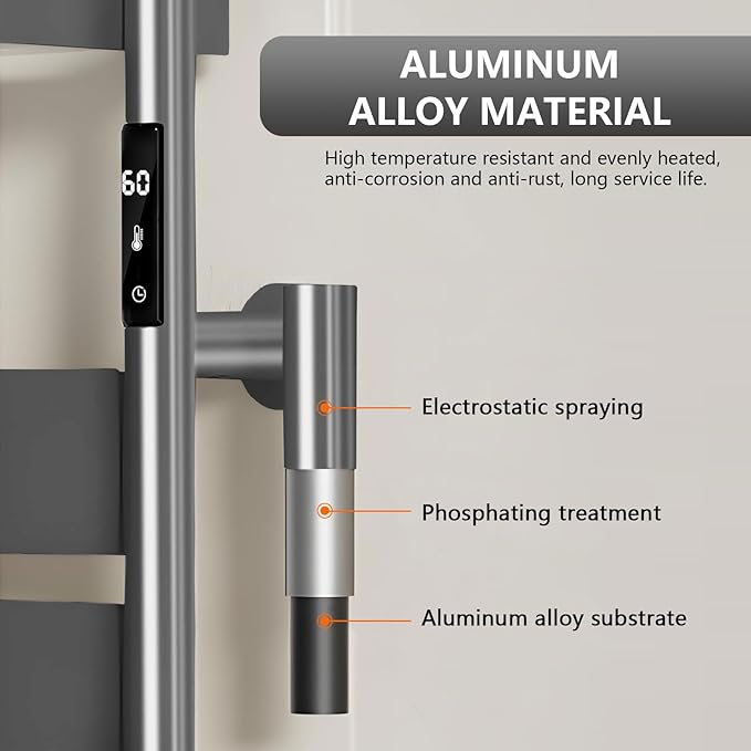 Towel Warmer Rack, Heated Towel Rack for Bathroom, Wall-Mounted Plug (Not Hardwired), Aluminum alloy/6 large area heating rods, With Timer and Temperature Adjustment, Overheat Protection Function Gray