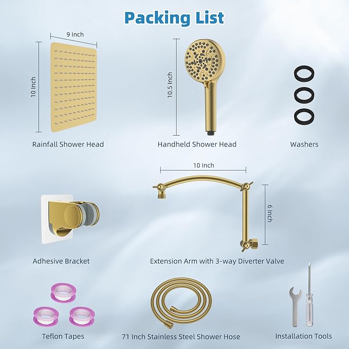 Hibbent All Metal cUPC Certified Shower Head, 10'' High Pressure Rain Shower Head, Handheld Showerhead Combo with 16'' Adjustable Extension Arm, 10 Sprays, 71'' Hose, Shower Holder, Brushed Gold