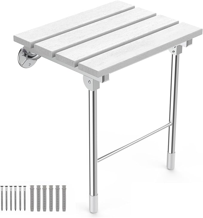 Folding Shower Seat, Wall Mounted Bathroom Safety Stool Chair with Support Legs, Foldable Wall Wood Shower Bench for Seniors (White)