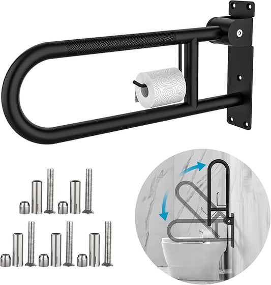 Toilet Grab Bar 22.4 Inch Black, Munzong Anti-Slip Handicap Grab Bars with Paper Holder, Flip-Up Bathroom Safety Rails, Stainless Steel Knurled Support handrails for Seniors Elderly Disabled Pregnant