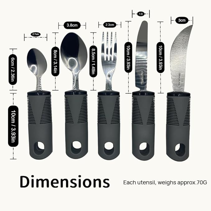 Adaptive Utensils 5 Piece Set Weighted Utensils for Hand Tremors Easy Grip Parkinsons Utensils Extra Wide Handles Built up Utensils for Adults with Knife Fork Spoon for Disabled Arthritis People（Grey）