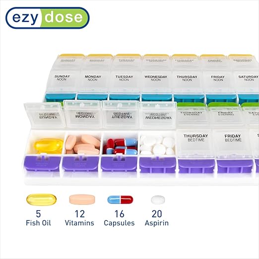 EZY DOSE Weekly (7-Day) Pill Organizer, Vitamin Container, and Daily Medicine Planner, 2X-Large Push Button Compartments, Arthritis Friendly, Easy to Use, 4 Times a Day, Clear Lids, BPA Free