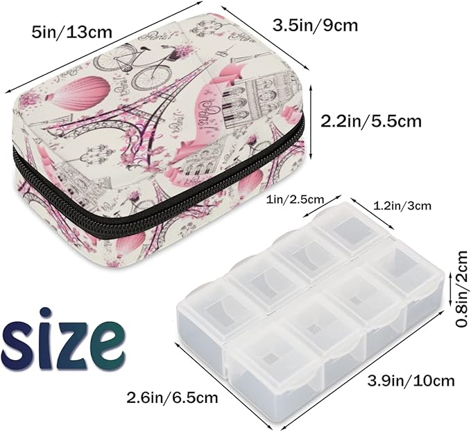 Pill Case Pill Travel Organizer 7 Day Weekly Medicine Pill Box Paris France Eiffel Tower Small Cute Compact Size Vitamin Container Pill Bottle Portable Birth Control Pill Holder Bag with Zipper
