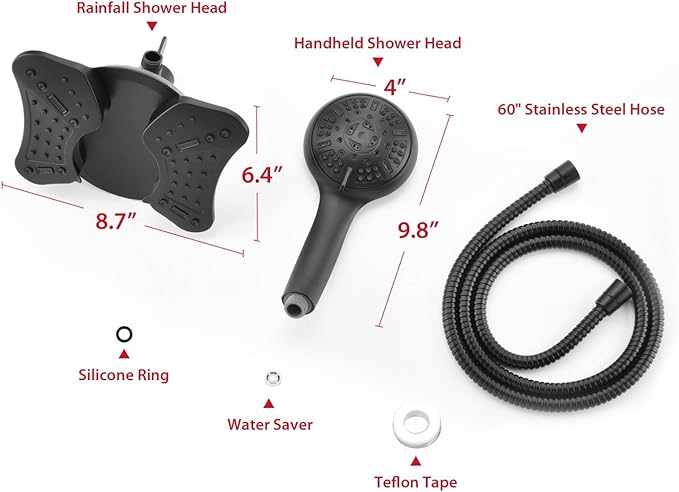 GRICH 1.8GPM Shower Head with Handheld Spray Combo: 2 in 1 Rainfall Shower Heads high pressure & Handheld Shower Head, 9 Spray Modes/Settings Detachable Shower Head with 60 Inch Hose, Black