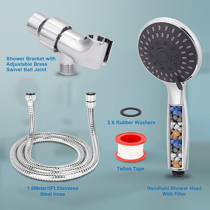 Briout Filtered Shower Head with Handheld, High Pressure 5 Spray Mode Showerhead with Hose Bracket Filter for Hard Water