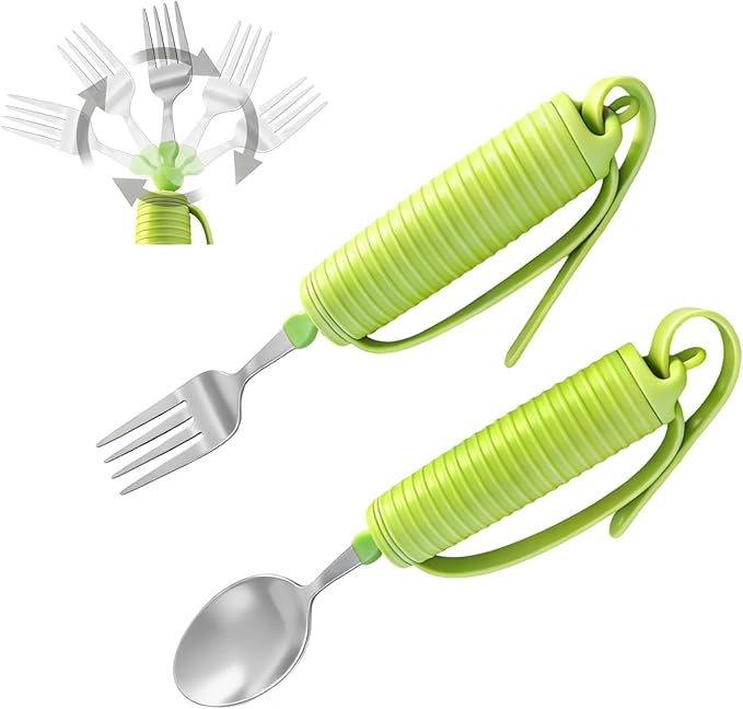 2PK Weighted Spoon & Fork Set - Lime Green Hollow Silicone Grip with Secure Strap, 45° Adjustable for Left/Right Handed, Fillable Weight Up to 7 Oz, for Hand Tremors Parkinson’s Elderly