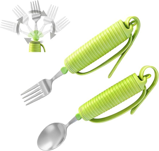 2PK Weighted Spoon & Fork Set - Lime Green Hollow Silicone Grip with Secure Strap, 45° Adjustable for Left/Right Handed, Fillable Weight Up to 7 Oz, for Hand Tremors Parkinson’s Elderly