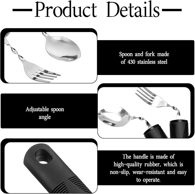 Bendable Adaptive Utensils,1 Pcs Spoon,1pcs Fork(Black),for Elderly, Disabled People, Parkinson’S, Arthritis, Hand Tremors, Weak Hand Grip & Handicapped,Convenient for Independent Eating