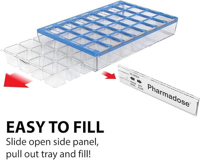 Ezy Dose Weekly (7-Day) Pill Organizer, Vitamin and Medicine Box, Small Compartments with Easy Fill Tray, 4 Times a Day, Clear Lids, Color May Vary, Assorted (Pack of 2)