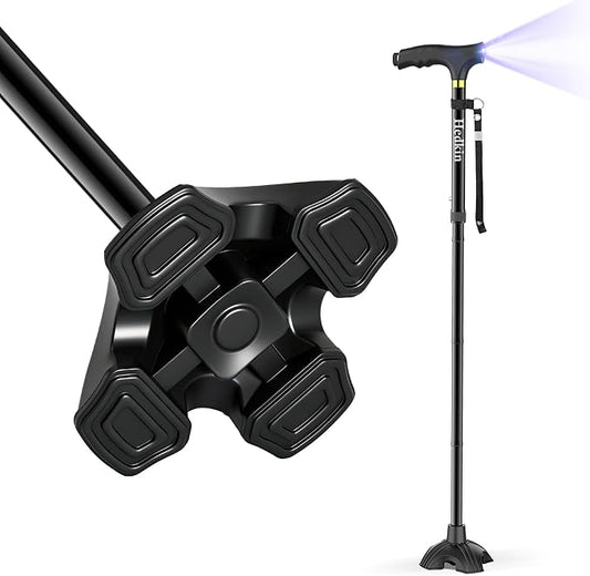 Walking Cane with LED Light, Foldable,Adjustable, Self Standing Walking Canes for Men & Women,Walking Sticks with Quad Base for Seniors & Adults