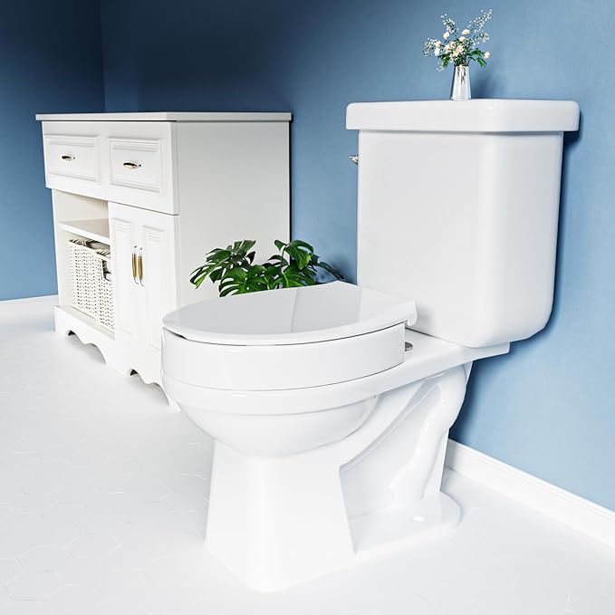 SAMODRA Raised Toilet Seat Riser Round, White, 3 Inch High Elevated Toilet Seat for Seniors, Soft Close, Easy Install & Clean (Round)