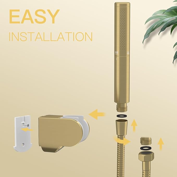 BESy Brass 2 In 1 Function Handheld Shower Head Set High Pressure 7 Inch Shower Head High Flow Hand Shower Wand with 59 Inch Hose, Bracket, Brushed Gold
