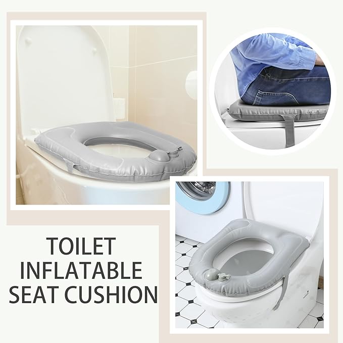 Gilprop Travel Toilet Seat Riser Inflatable Padded Toilet Seat for Seniors Portable PVC Bedside Commode Grey Raised Cushion with Suction Cup and Storage Bag for Elderly Recovery Senior Travel Camping